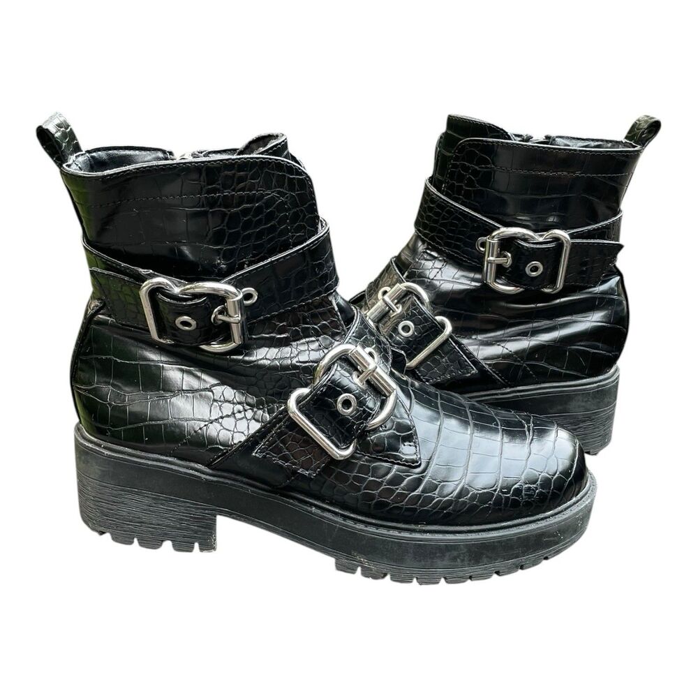 Chunky Moto Goth Punk Rock Aldo Black Patent Mock Croc Combat Boots Size 8.5 - Picture 2 of 16